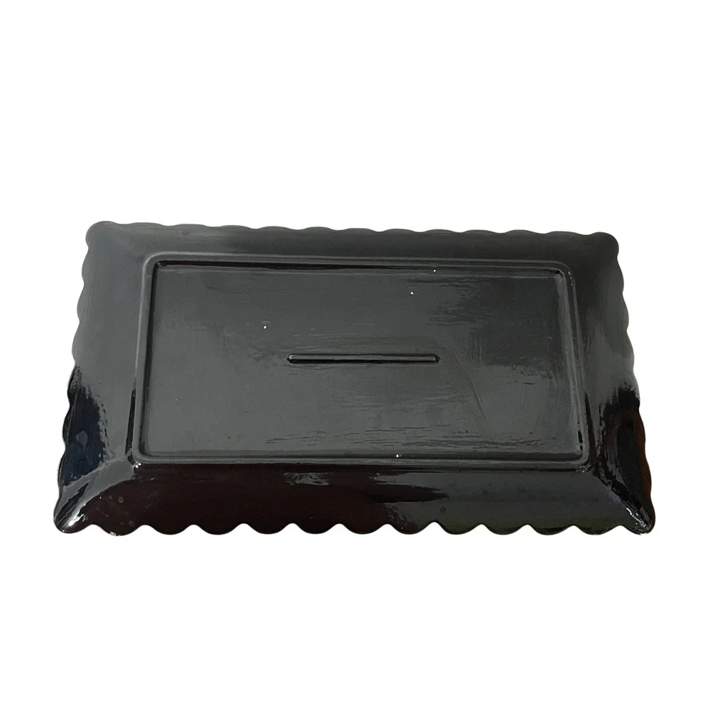 Handmade Studio Artisan Serving Platter  Black Floral Polka Dot Scalloped Tray